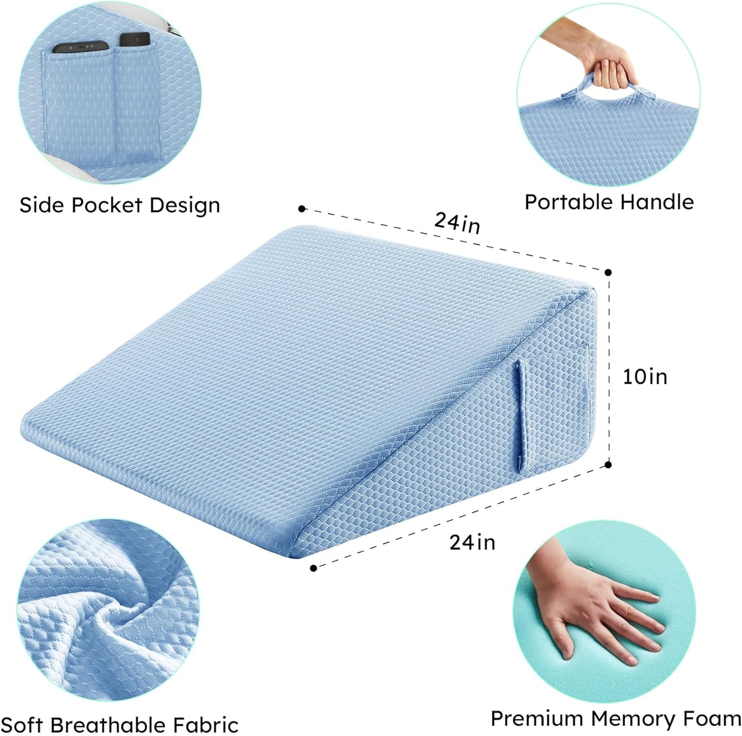 Bedluxe Wedge Pillow, 10 inch Bed Wedge Pillow for Headboard, Pillow Wedge for Acid Reflux Relief, Sleeping, After Surgery, Snoring, Gerd, Triangle Pillow Wedge - Cooling Memory Foam Top, Light Blue