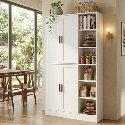 holzart 63" Tall Kitchen Pantry Cabinet, Freestanding Dining Room Storage Hutch with 4 Doors and Adjustable Shelves, Modern Utility Cupboard for Coffee Bar and Microwave, White