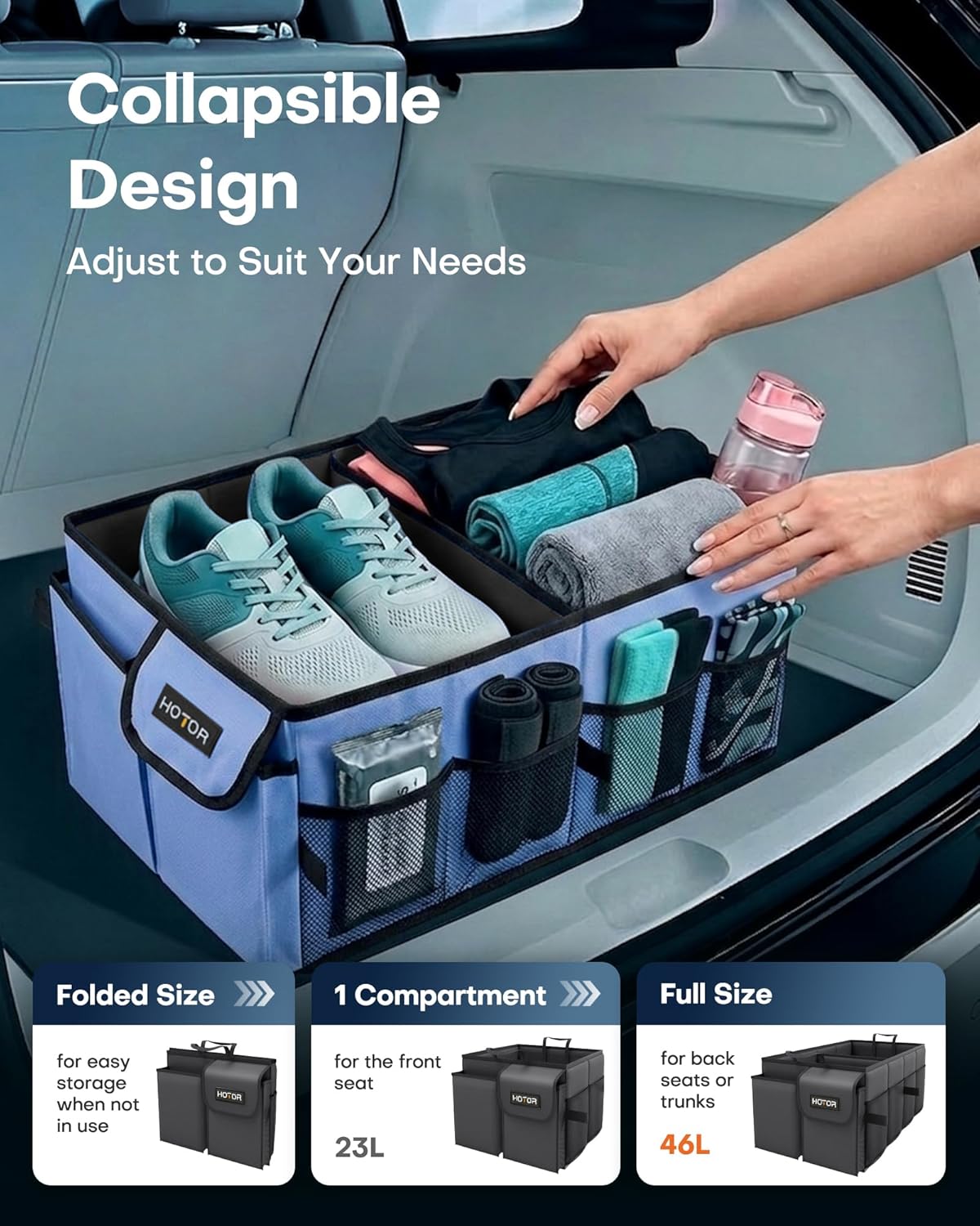 HOTOR Trunk Organizer for Car - Car Organizer, Foldable Trunk organizer for SUVs & Sedans, Sturdy Organization for Car Accessories, Tools, Sundries, Blue, 2 Compartments, 21.3"×12.6"×10.6" | Foldable