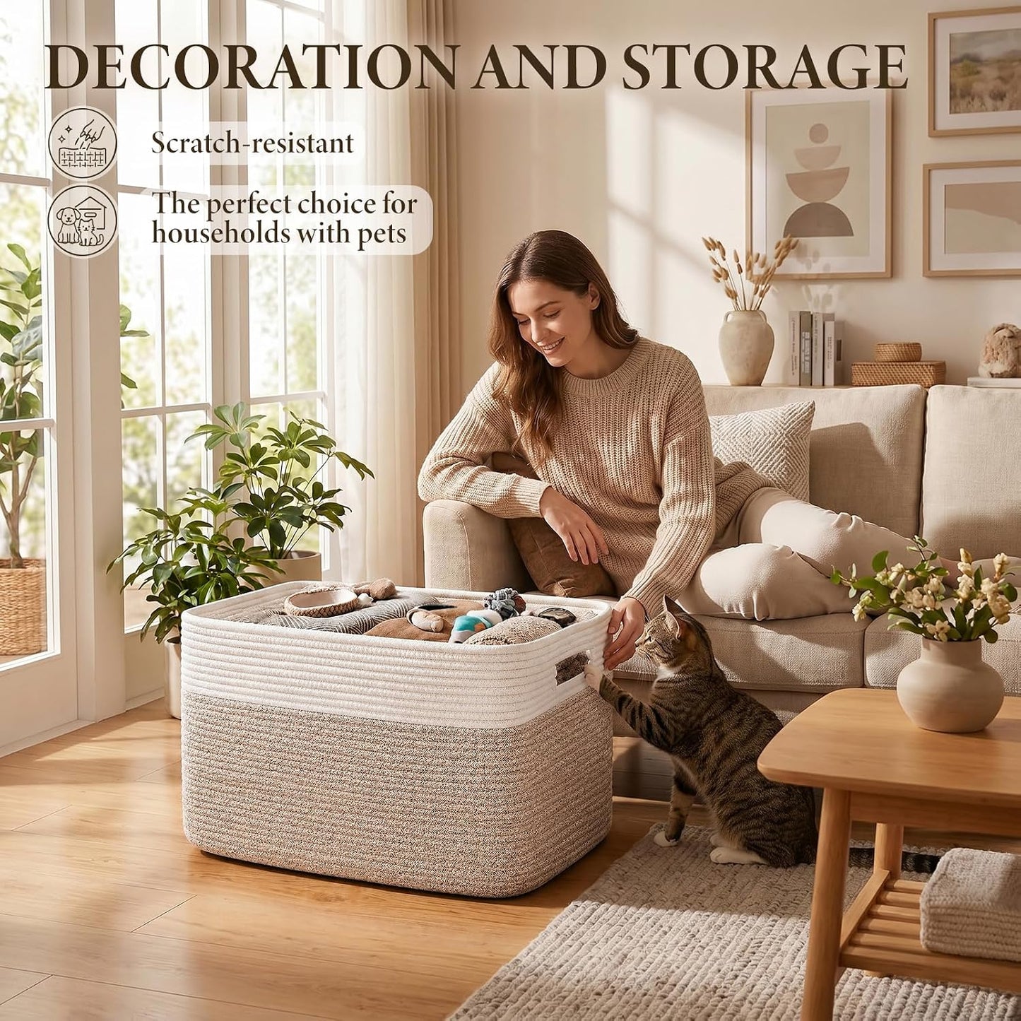 75L Large Cotton Rope Basket, Soft Toy Storage Bin for Nursery & Living Room, Decorative Blanket Basket for Bedroom, Baby-Safe Organizer for Pillows &Laundry, 22''×17''×12'', Brown and White