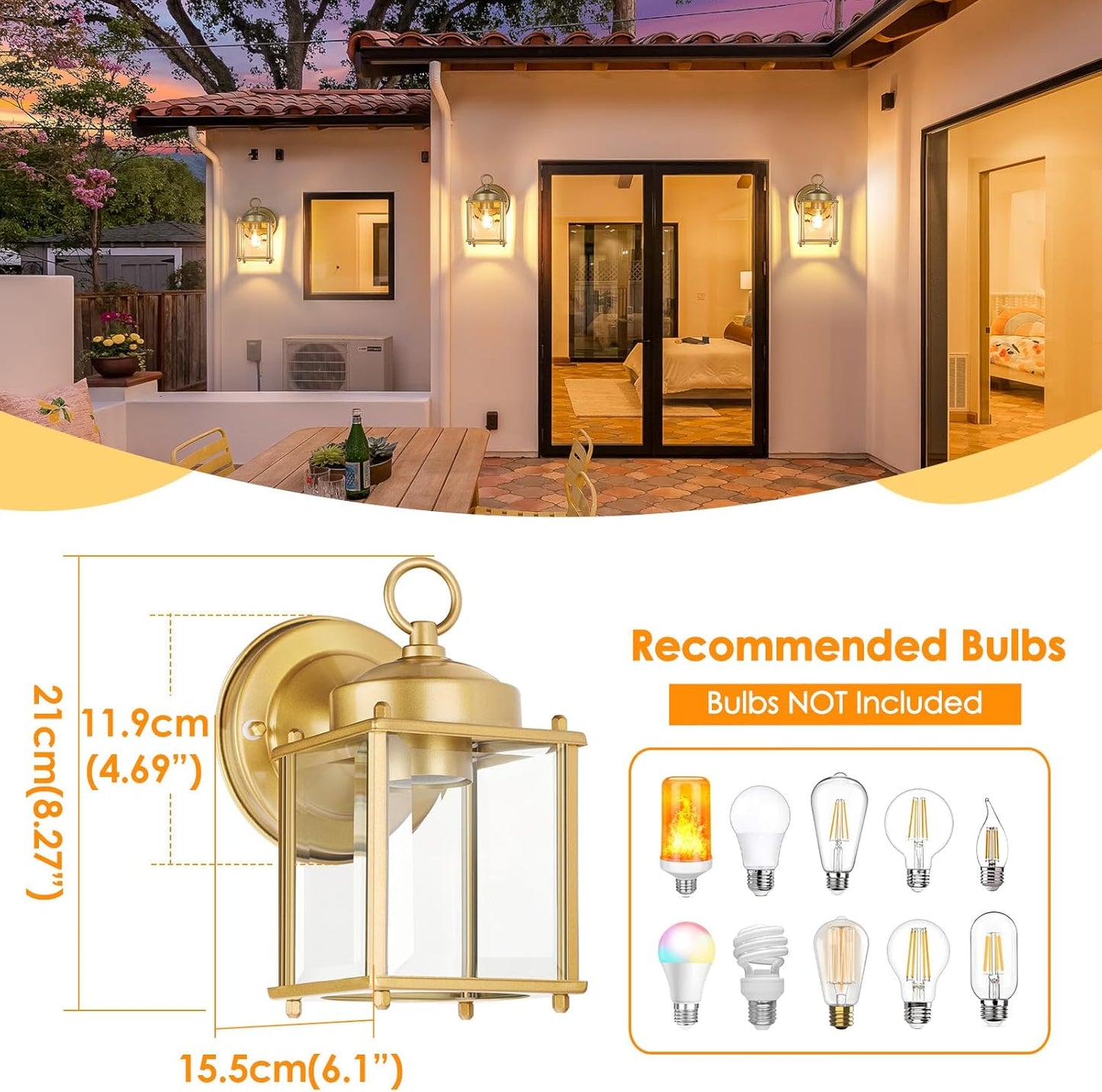 MATAMEYE Outdoor Wall Lantern, Exterior Waterproof Wall Sconce Light Fixtures, Gold Front Door Lighting with Clear Beveled Glass Shade, 2 Pack