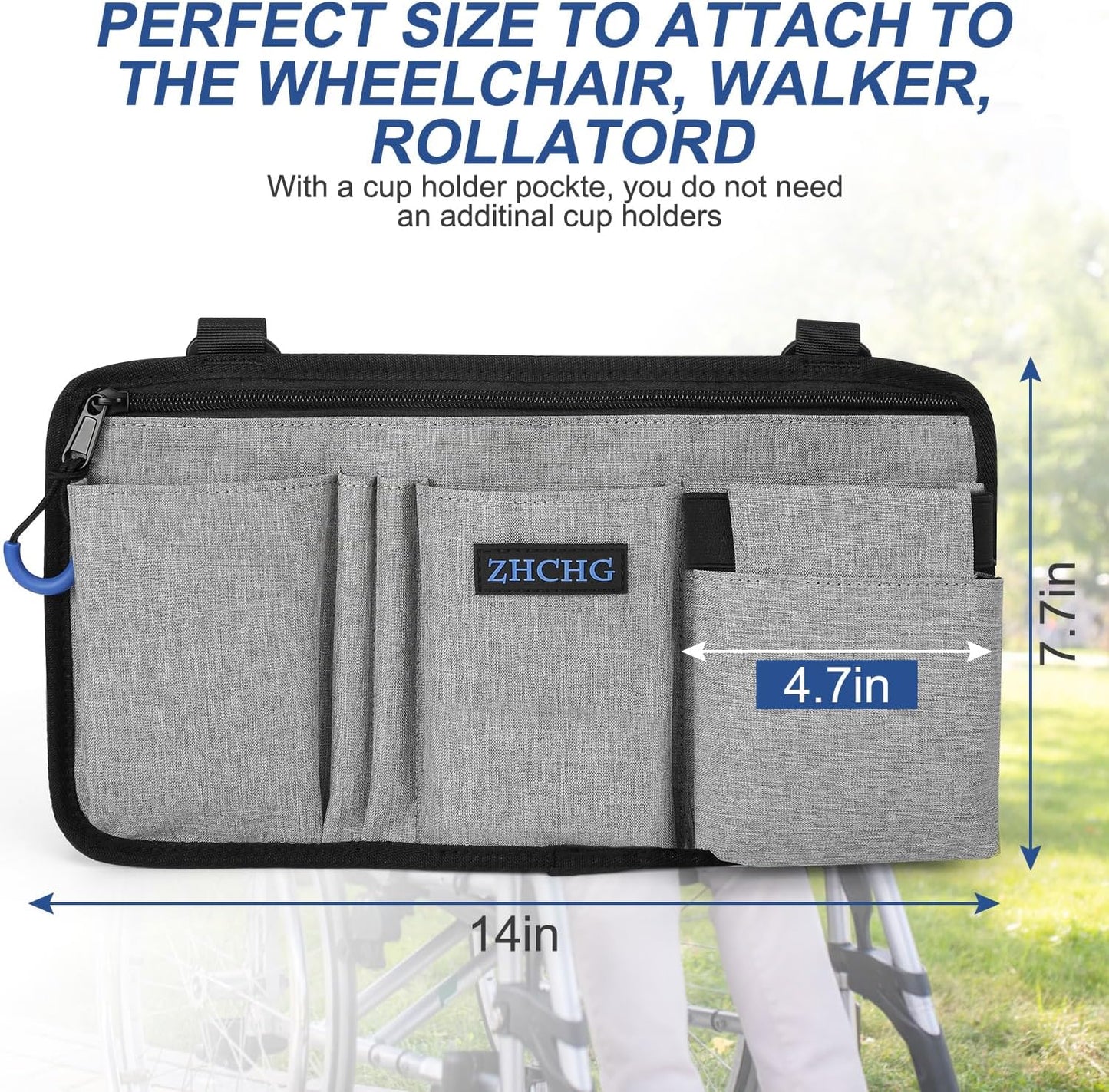 ZHCHG Wheelchair Side Bag with Cup Holder, Wheelchair Armrest Pouch Accessories for Walker, Rollator, Electric Scooter Wheelchairs, Ideal Gift for Mother's Day & Father's Day