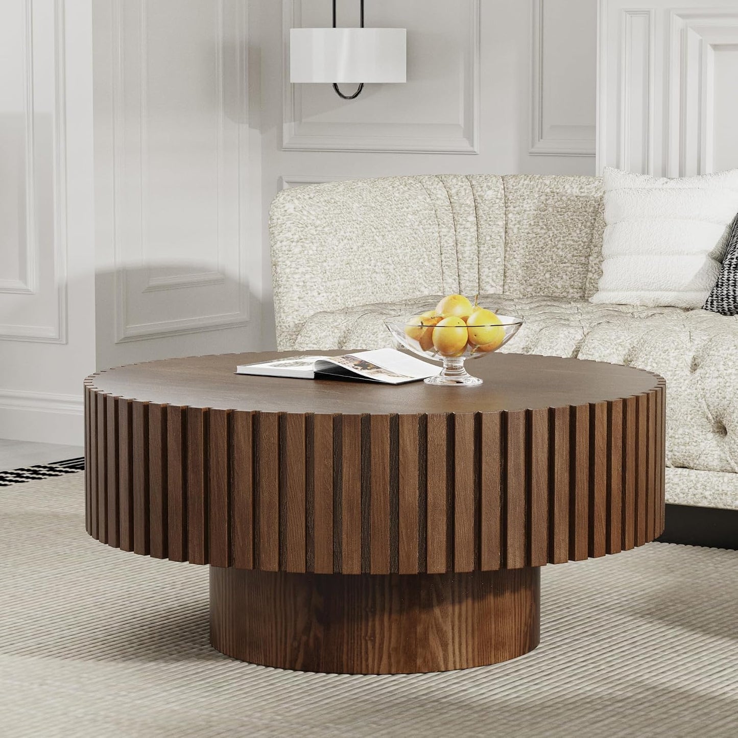 Brown Round Fluted Coffee Table for Living Room (31" Round Brown) | Handcrafted Relief, Circular Wood Drum Coffee Table, for Office Outdoor