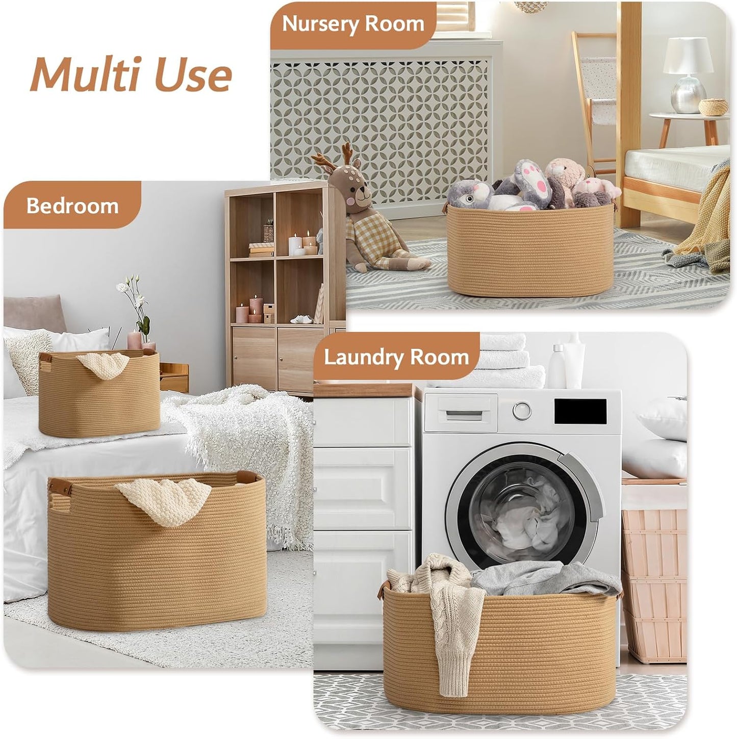 danpinera Large Blanket Basket for Living Room, 72 L Woven Cotton Rope Baskets for Kids Toy, Pillows, Towels, Cotton Organizing with leather handle, Storage Bin for Nursery, 22’’*17’’*11.8’’ Jute