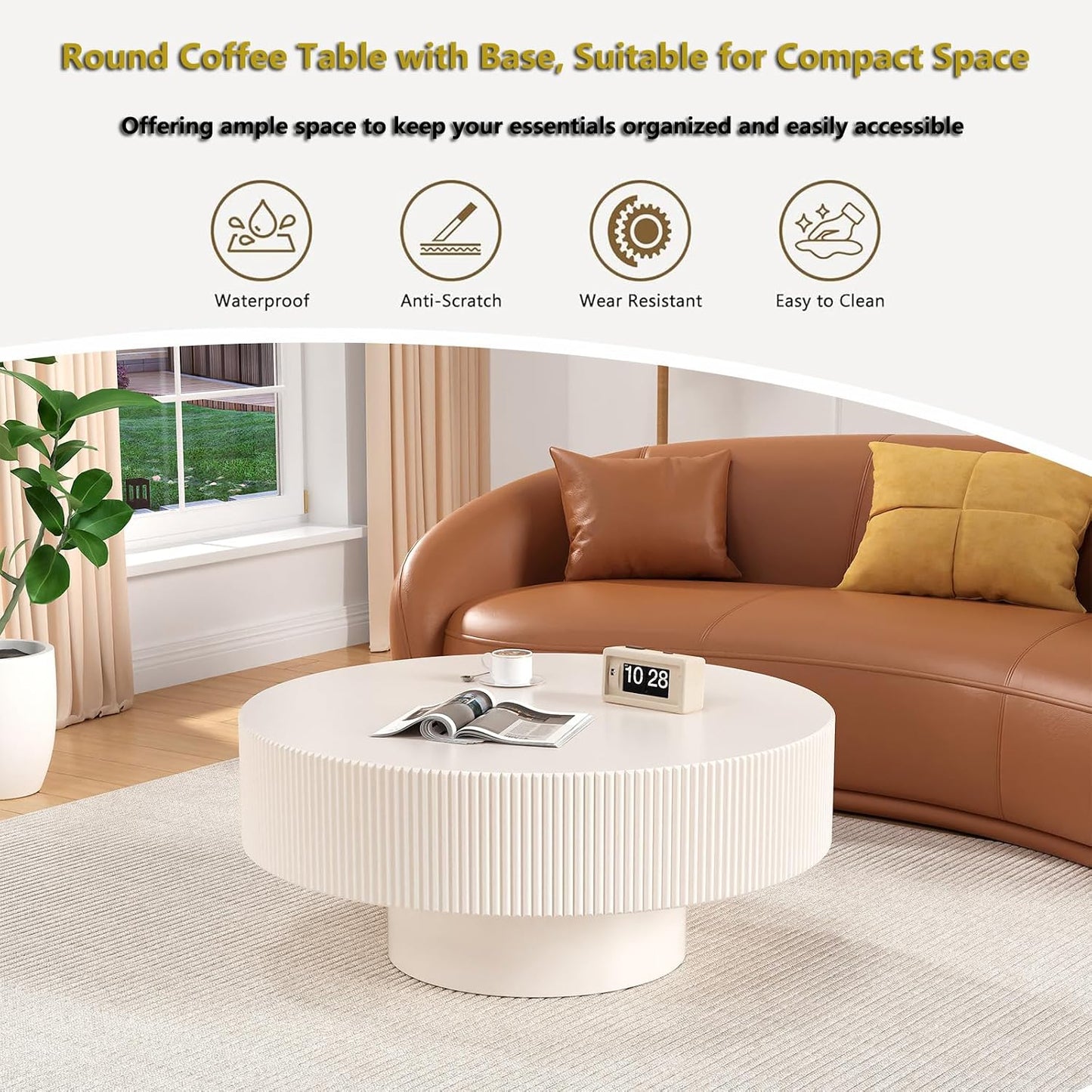 30.9" Round Drum Fluted Coffee Table (A) | Mid-Century Modern, Easy Assembly, Sturdy Pedestal, Center Tables for Apartment Living Room
