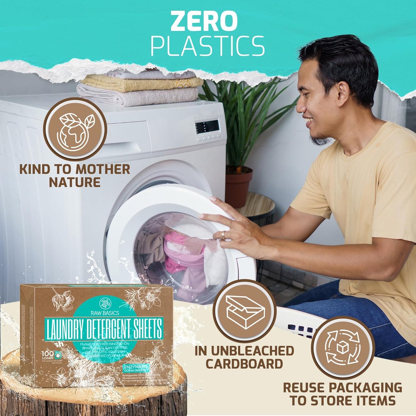 Laundry Detergent Sheets - Ocean Breeze Scent - Zero Waste, Plastic Free Natural Soap - Travel Size Essentials for Washing Clothes, 100 Loads