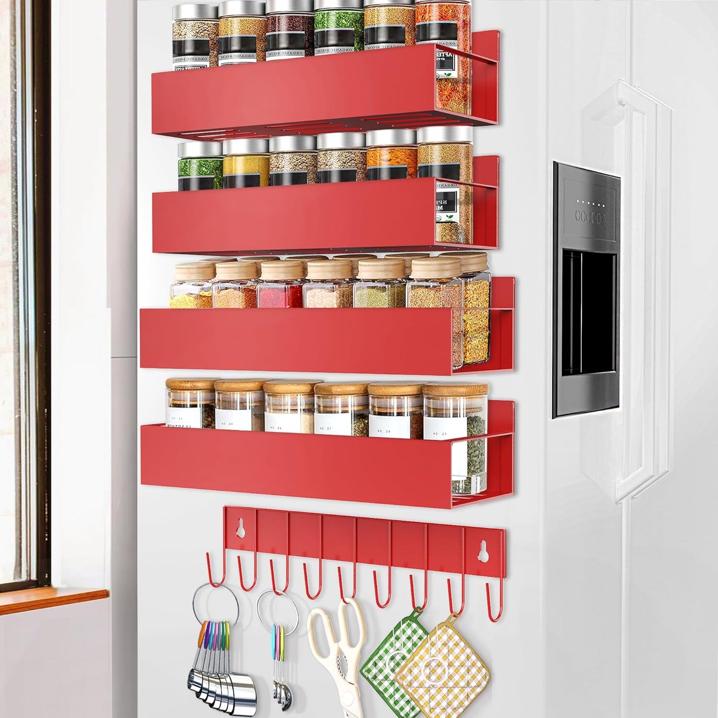 SMRCAD Magnetic Spice Rack Organizer for Fridge Seasoning Organizer for Kitchen storage with Screw Magnetic Shelf with Hook for Refrigerator and Oven (4pack1hook-Red)