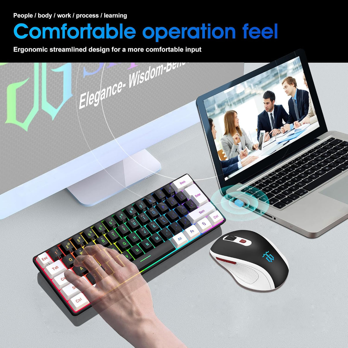 Snpurdiri 2.4G 60% Wireless Gaming Keyboard and Mouse Combo (White-Black)