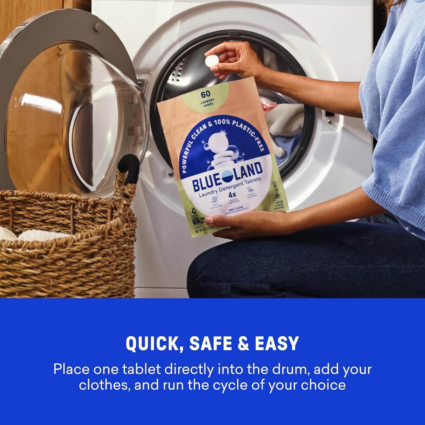 BLUELAND Laundry Detergent Tablets, Starter Set, 60 Count with Tin, Plastic-Free Eco-Friendly Pods, Sheets, Liquid Alternative - Fragrance Free and Clear, Natural, Gentle