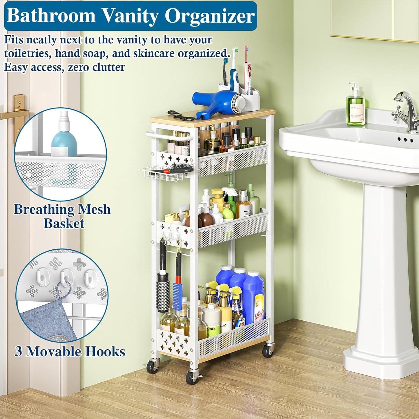 OKZEST Laundry Room Organization Cart with Detergent Dispenser - 4-Tier Slim Rolling Storage for Between Washer & Dryer, Fits Tall Bottles, Rustproof Metal Mesh Shelves, Chic Wood Top & Premium Wheels