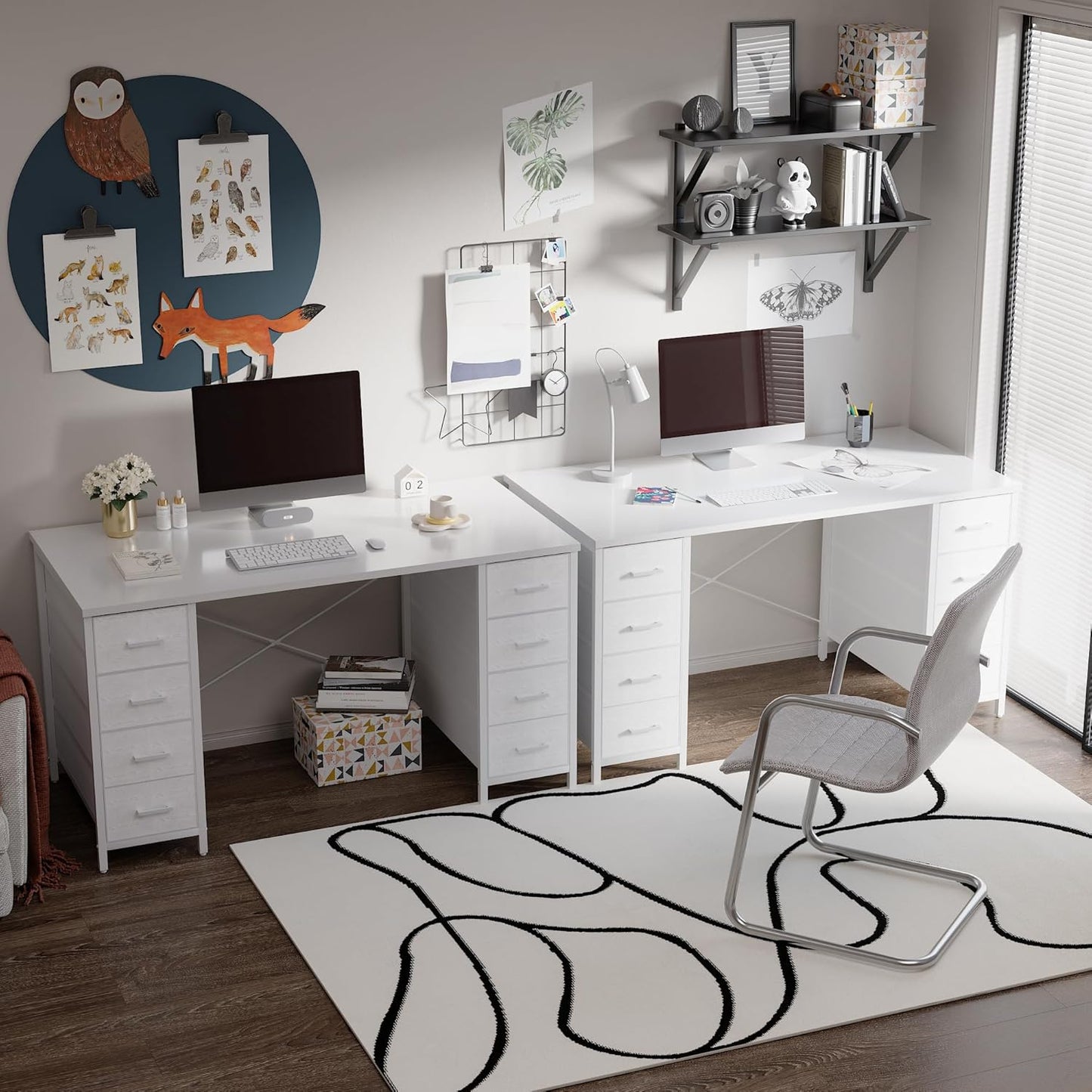 Pamray 47 Inch Computer Desk with 8 Fabric Drawers PC Gaming Desk Home Office Study Work Writing Table for Bedroom White