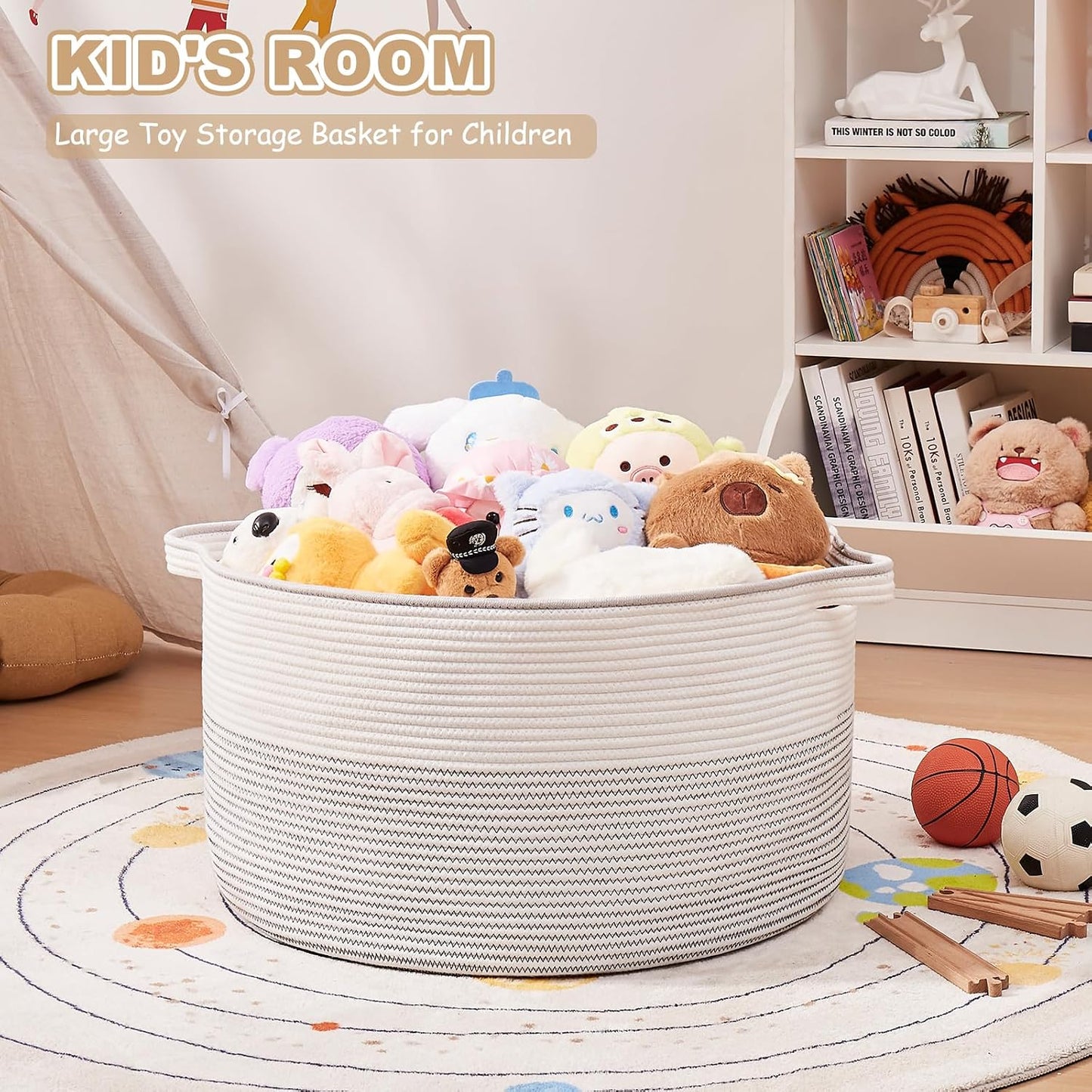 OIASKET Large Blanket Basket with Handles, 22.8" x 22.8" x 13" Woven Storage Basket for Living Room, Cotton Rope Baby Toy Storage for Clothes, Pillows, Towels-Black and White