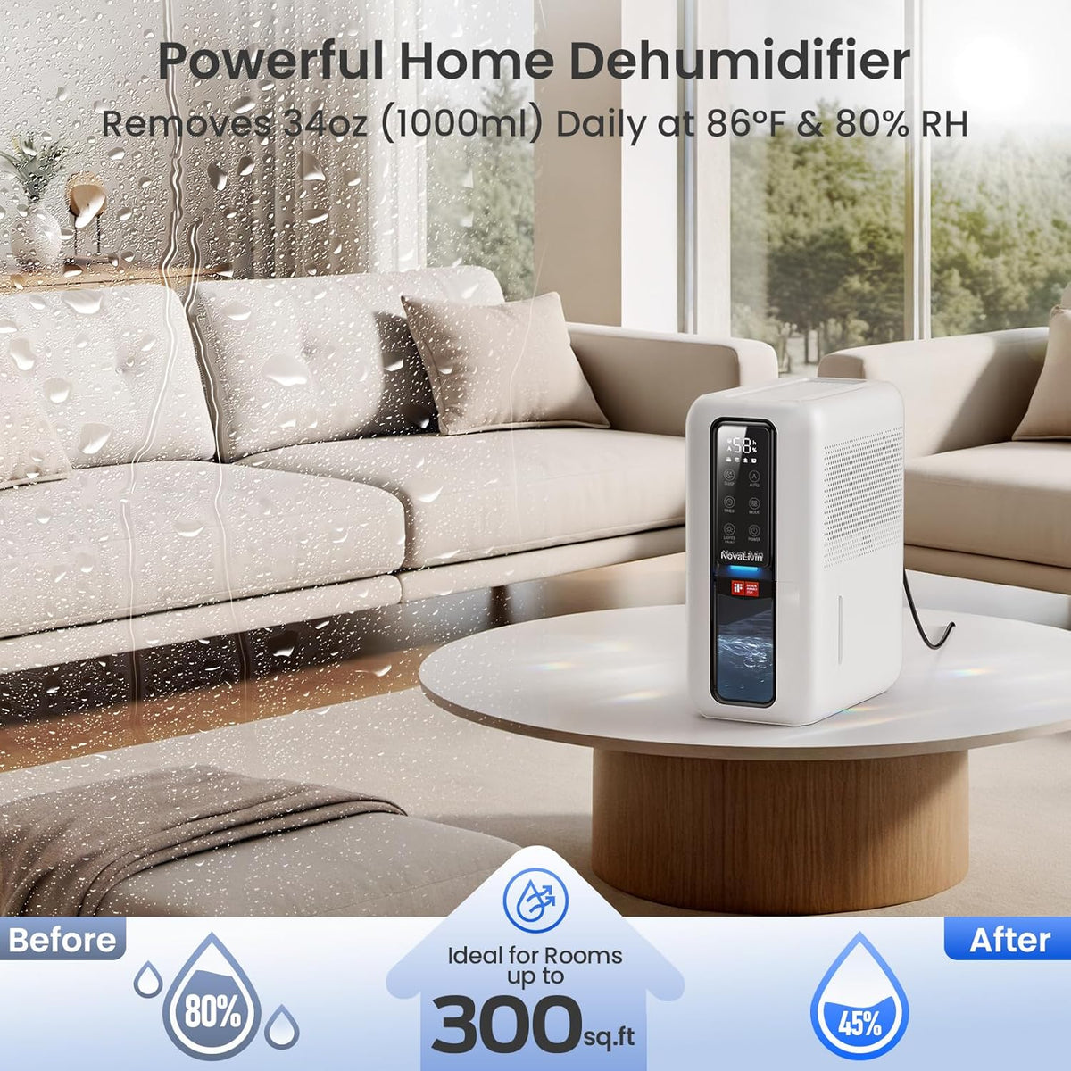 Dehumidifier for Home, Dehumidifiers for Bathroom, Bedroom, Living room, Closet with 68 OZ Water Tank, Moisture Absorbers, Auto Shut Off, Auto Humidity Control, 7 Colors LED Light, White