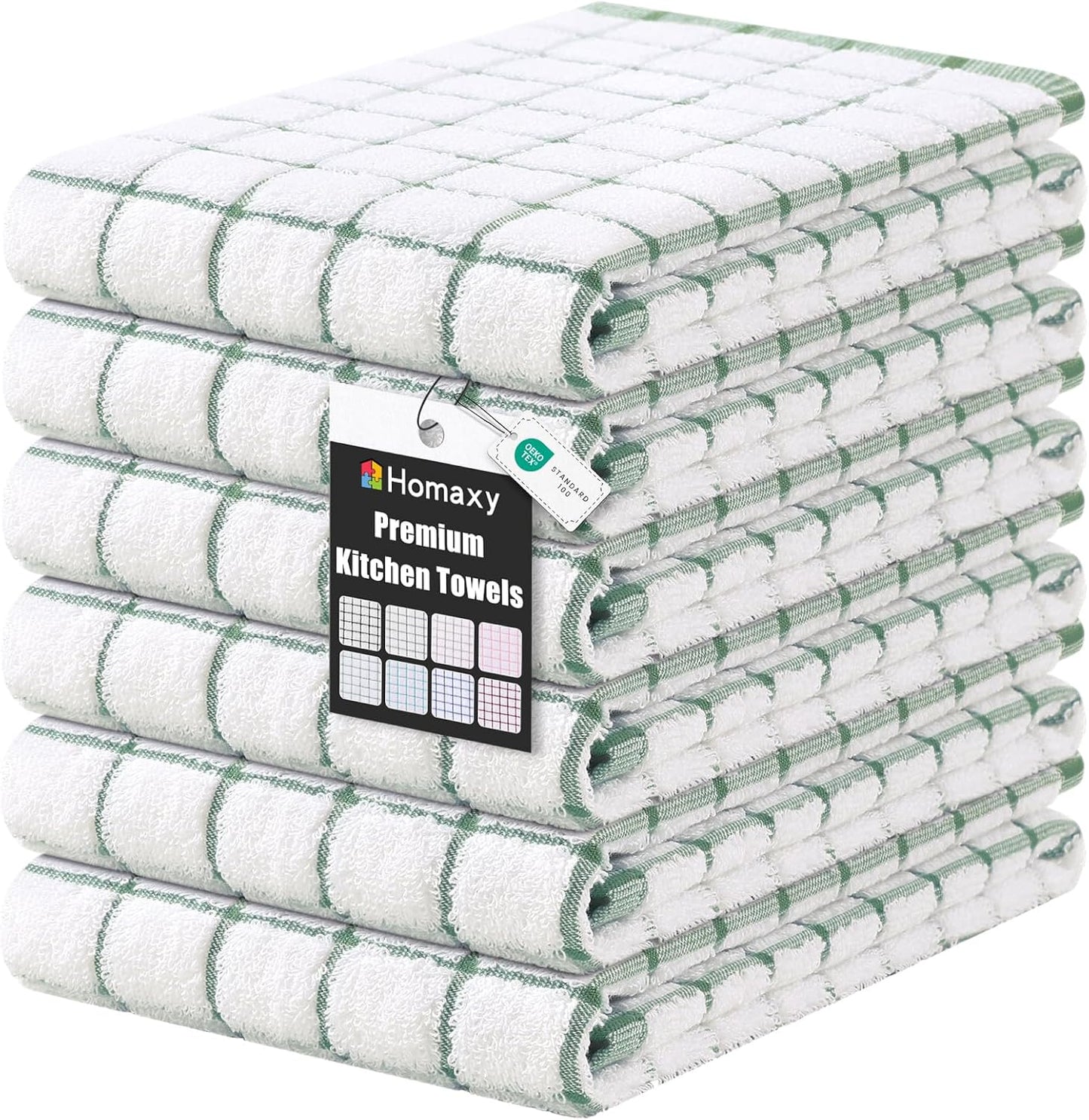 Homaxy Premium Kitchen Towels(16”x 28”, 6 Pack), Large Ring Spun Cotton Dish Towels, Super Absorbent Soft Terry Kitchen Hand Towels, Check Design Tea Towel Set with Hanging Loop, Grass Green