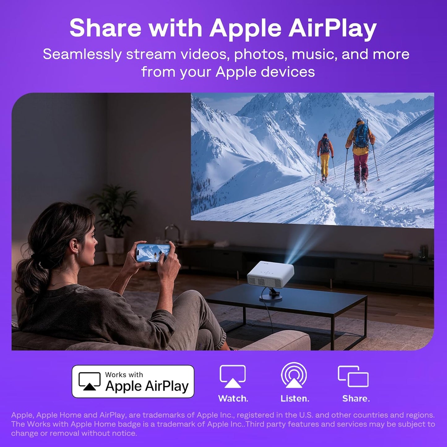 Aurzen Roku TV Smart Projector with Wifi and Bluetooth, Roku TV Built-in, 1080P FHD, DoIby Audio, Auto Focus & Keystone, Zoom, Movie Portable Outdoor Mini Projector for Soccer Football Game, White