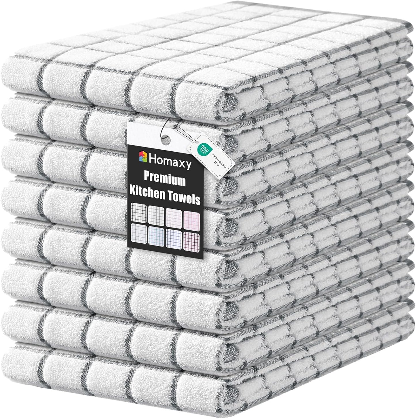Homaxy Premium Kitchen Towels(16”x 28”, 8 Pack), Large Ring Spun Cotton Dish Towels, Super Absorbent Soft Terry Kitchen Hand Towels, Check Design Tea Towel Set with Hanging Loop, Grey