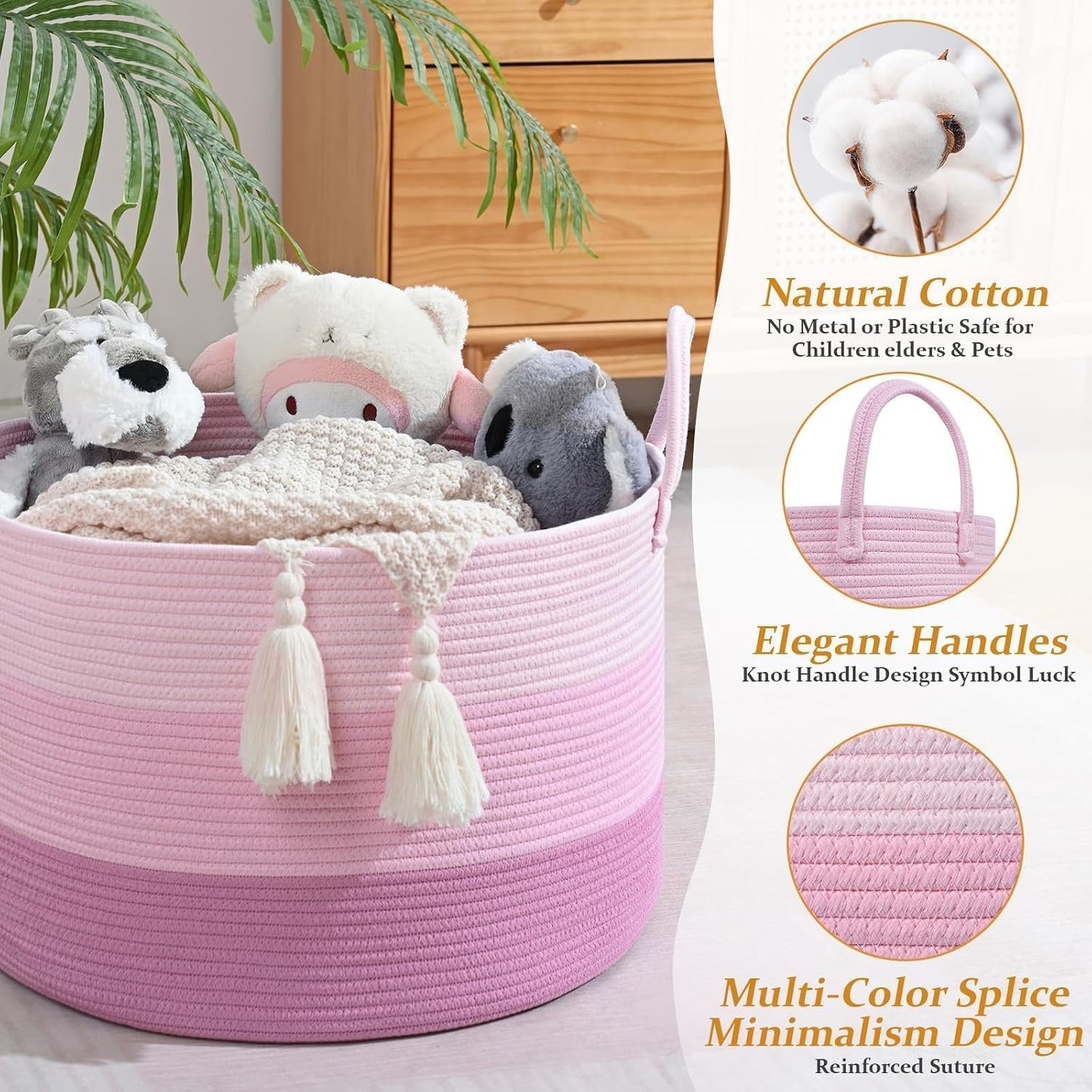 67L Large Woven Blanket Basket, Cotton Rope Baby Laundry Hamper with Handles, Kids Toy Basket for Classroom & Nursery, Soft Round Stuffed Animal Storage, Dog Toy Bin - 20"x13", Pink