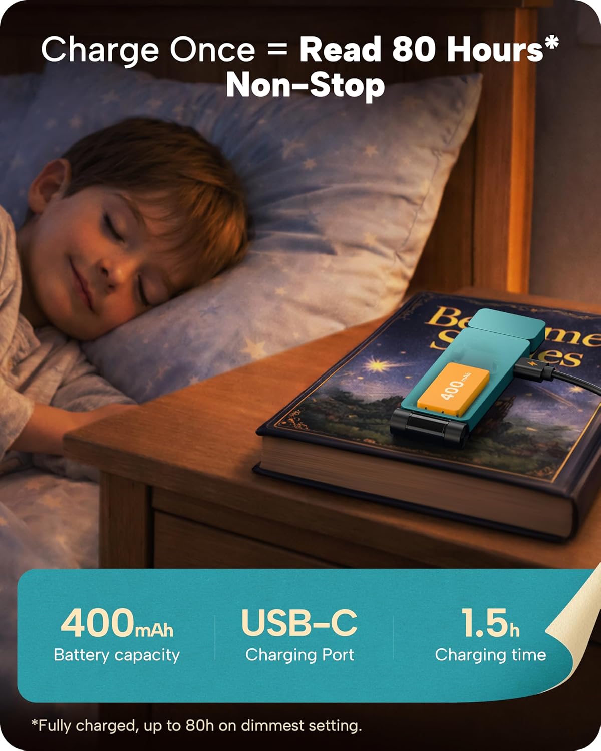 86lux Book Light, Rechargeable Clip-On LED Reading Light for Bed & Night Use - 3 Color Temperatures with Stepless Dimming, Ultralight Bookmark Design for Kids, Book Lovers, Cyan