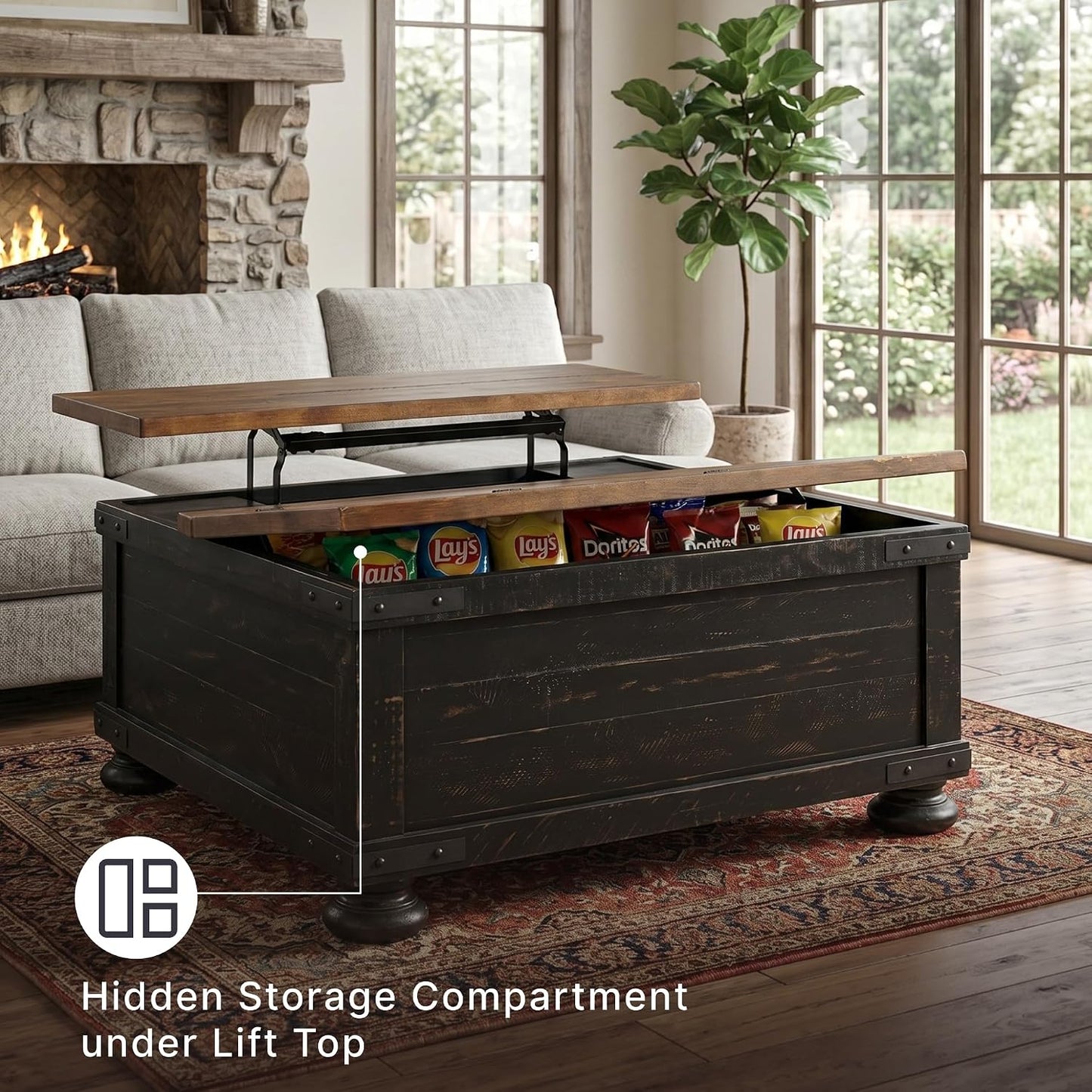 Signature Design by Ashley Lift Top Coffee Table with Storage, Farmhouse | Pine veneers, wood & engineered wood, Split-top spring lift, Hidden trunk storage, 36-in square footprint, Valebeck Series