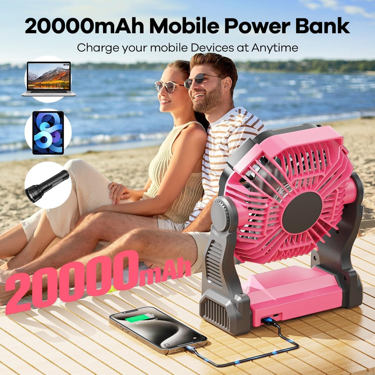 DOWILLDO 20000mAh Portable Battery Powered Camping Fan - with LED Light, Quiet Battery Operated, Camping Gear for Travel, Tent, Beach, Car or Hurricane Power Outages, Pink