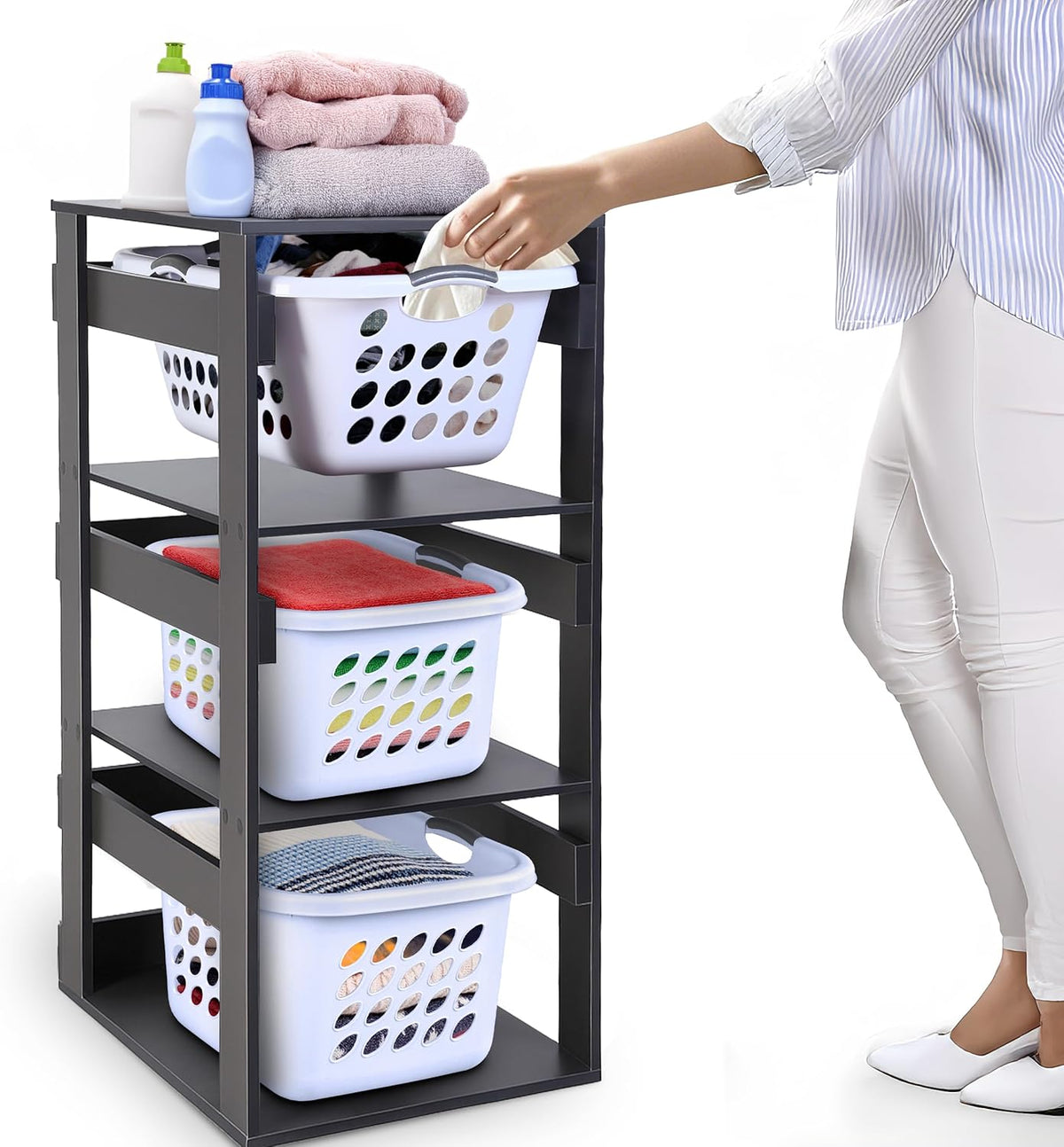Laundry Basket Holder Shelf – Stackable Engineered Wood Laundry Tower, Tiered Hamper Organizer for Bathroom, Bedroom, Closet (Black, 2 Tier)