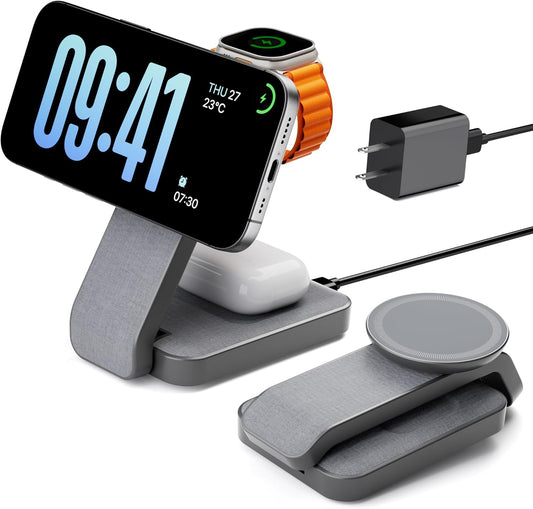 Eazpower 3 in 1 Foldable Wireless Charging Station for MagSafe, Nightstand Magnetic Charger Stand for iPhone 17 16 15 14 Pro Max, Travel Charging Dock with Night Light for Apple Watch/AirPods (Gray)