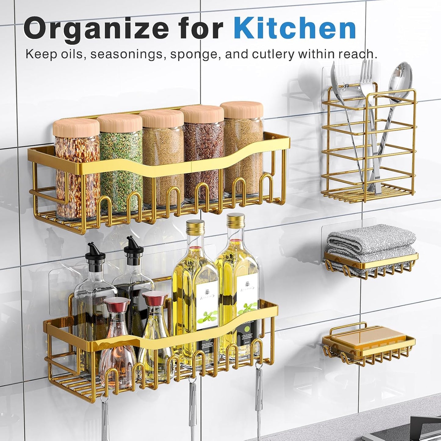 Shower Caddy 5 Pack,Adhesive Shower Organizer for Bathroom Storage&Home Decor&Kitchen,No Drilling,Large Capacity,Rustproof Stainless Steel Bathroom Organizer,Shower Shelves for Inside Shower-Larger