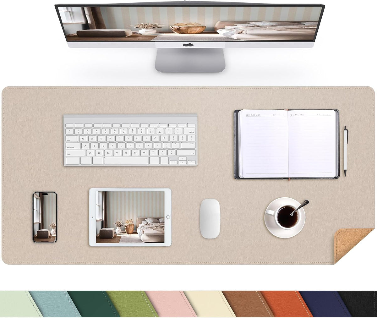Leather Desk pad Protector, Large Desk mat with Natural Cork & PU Leather,Mouse pad,Non-Slip Office Desk Mat,Waterproof Desk Writing Pad for Office and Home (47in*17in, Beige)