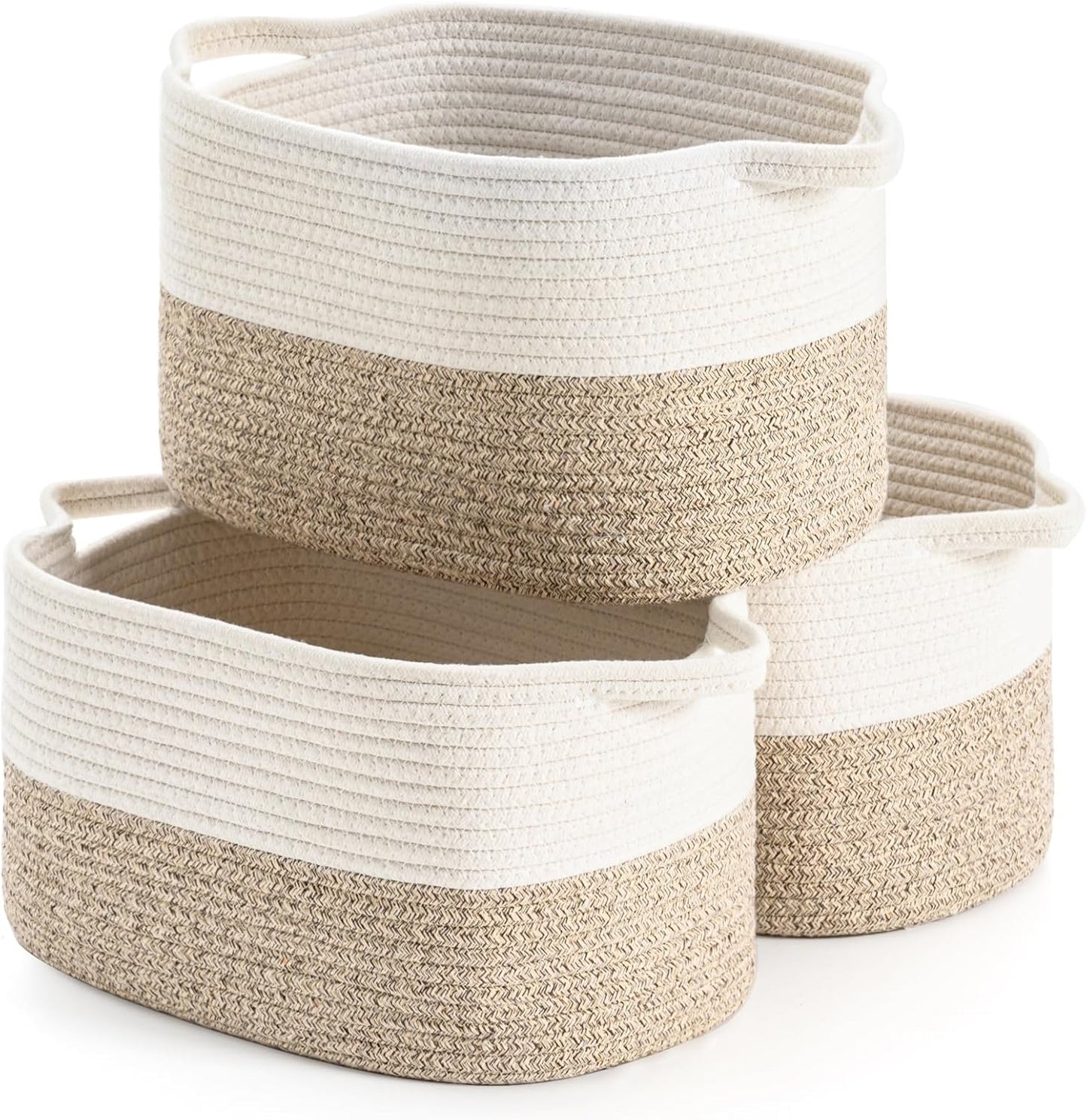DUHEL Cotton Rope Woven Storage Basket (White&Brown-3PCS) | Used for Baby Hamper Toy Organizer, Gift Baskets Empty,Kids,Baby,nursery. Size 15x10x8.7 Inches.