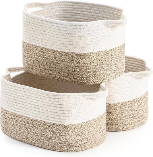 DUHEL Cotton Rope Woven Storage Basket (White&Brown-3PCS) | Used for Baby Hamper Toy Organizer, Gift Baskets Empty,Kids,Baby,nursery. Size 15x10x8.7 Inches.