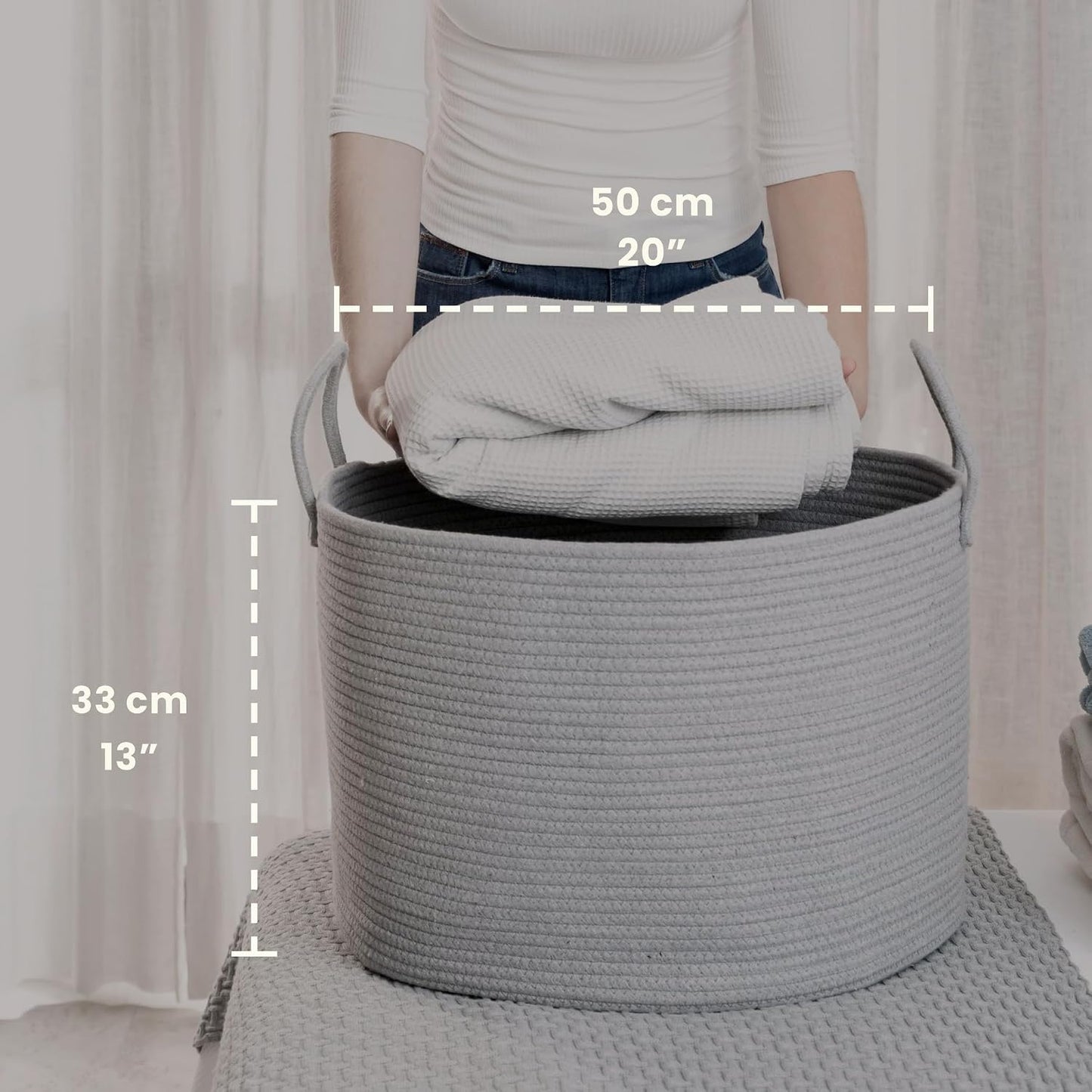 OrganiHaus Round Toy Basket & Blanket Basket, Cotton Rope 20x13" | Full Gray - Round Cotton Rope Basket, 20x13"