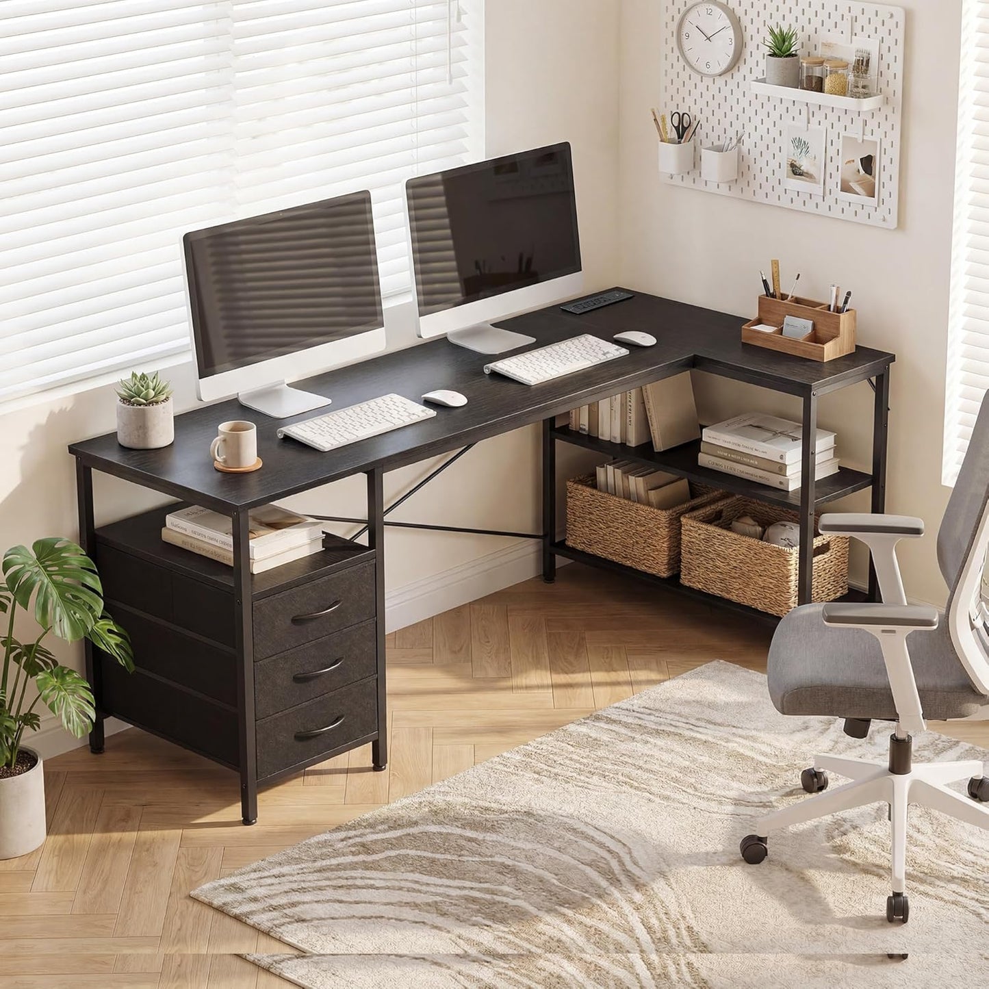 Alpen L Shaped Computer Desk, 47 Inch Corner Desk with Drawers and Power Outlets, Home Office Desk for Gaming, Study Writing PC Table with Storage and Reversible Shelf, Black