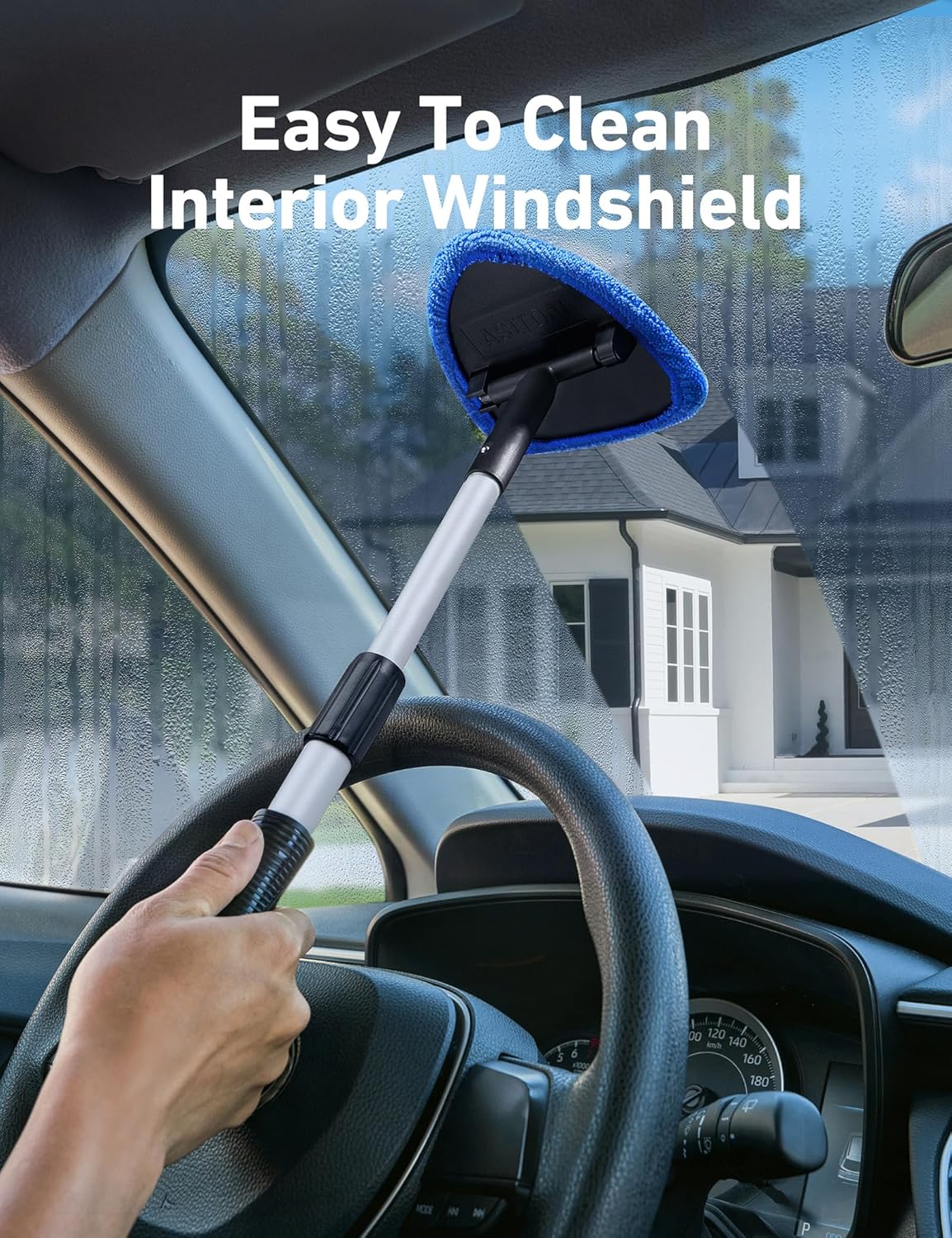 AstroAI 21" Windshield Cleaner Tool, Car Interior Detailing Cleaning Kit with Extendable Handle and 4 Upgraded High-Density Reusable Microfiber Pads, Auto Glass Wiper Brush Kit for Cars, Blue