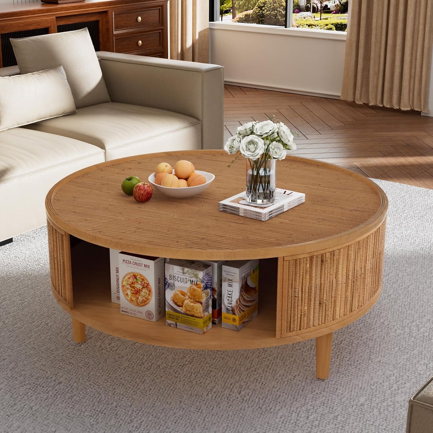 Round Coffee Table with Opening Storage Space (H Bamboo Woven 30.5in) | Farmhouse Circle Center Table for Living Room Easy to Assemble & Maintain