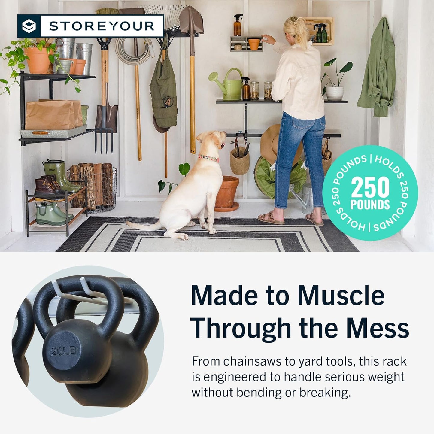 StoreYourBoard 36" Garage Tool Organizer Wall Mount | Garden Tool Organizer System | Heavy Duty Garden Tool Storage Rack for Yard Tools Rakes Shovels 250lbs Garage Organization | 4 PVC Coated Hooks