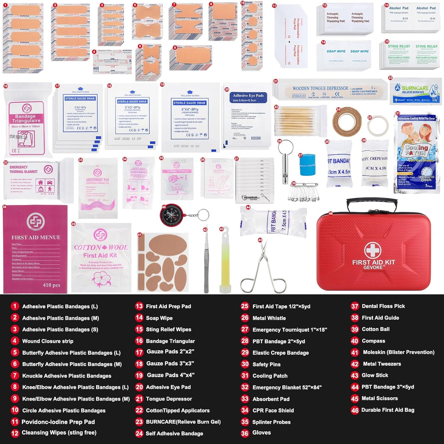 Gevoke 410 Piece Waterproof Hard Shell First Aid Kit for Home, Car, Travel, Camping, Truck, Hiking, Sports, Office, Vehicle & Outdoor Emergencies - Emergency Medical Kits (Red)