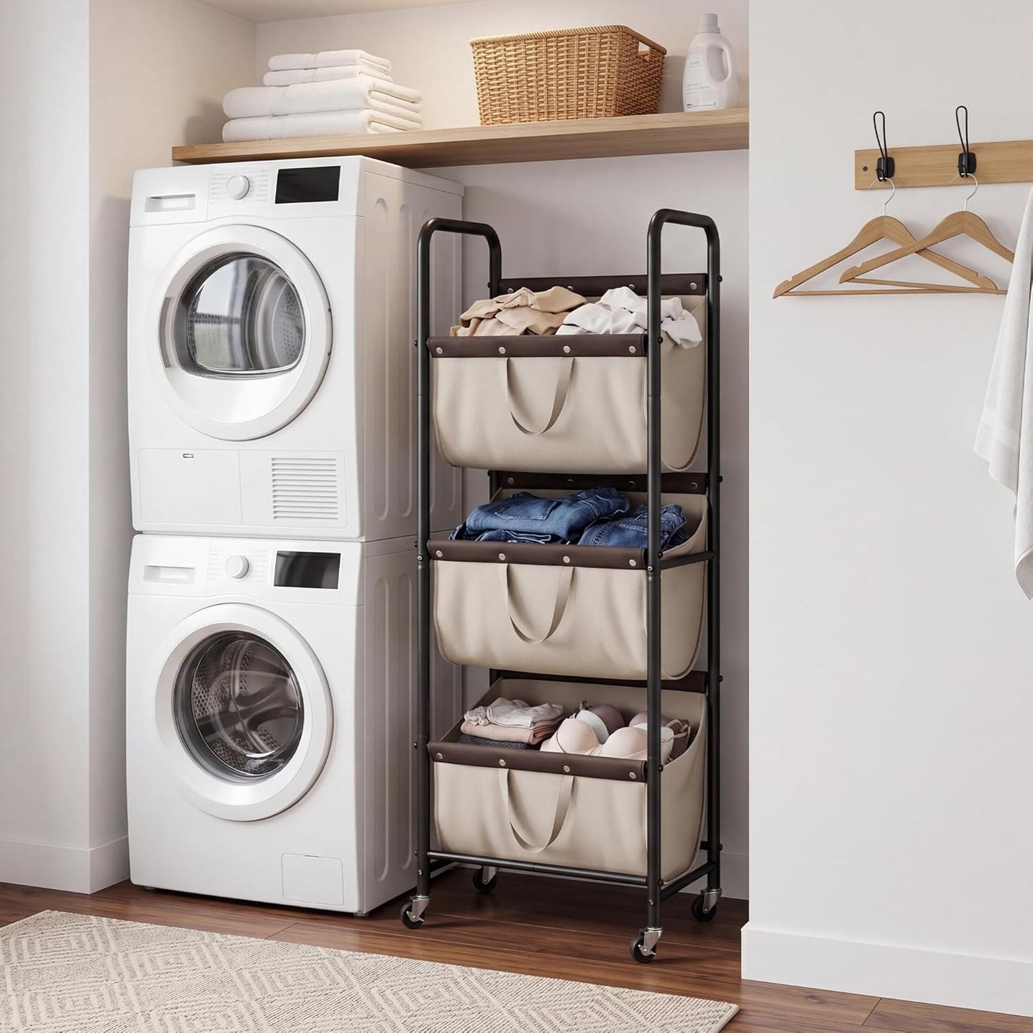 GRANNY SAYS 3 Section Tiered Laundry Sorter, Slim Vertical Laundry Hamper with Wheels, Narrow Rolling Laundry Cart with Removable Bags for Laundry Room, Bathroom, Closet, Dorm, Light Khaki