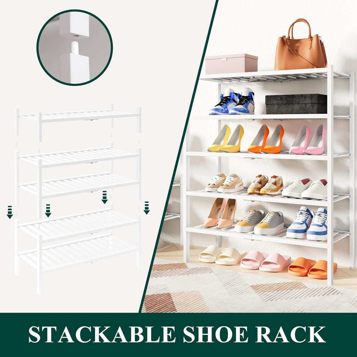 Smiry Bamboo Shoe Rack, 14 Vertical Slats, 2 Tier - 26.8" Wide, White
