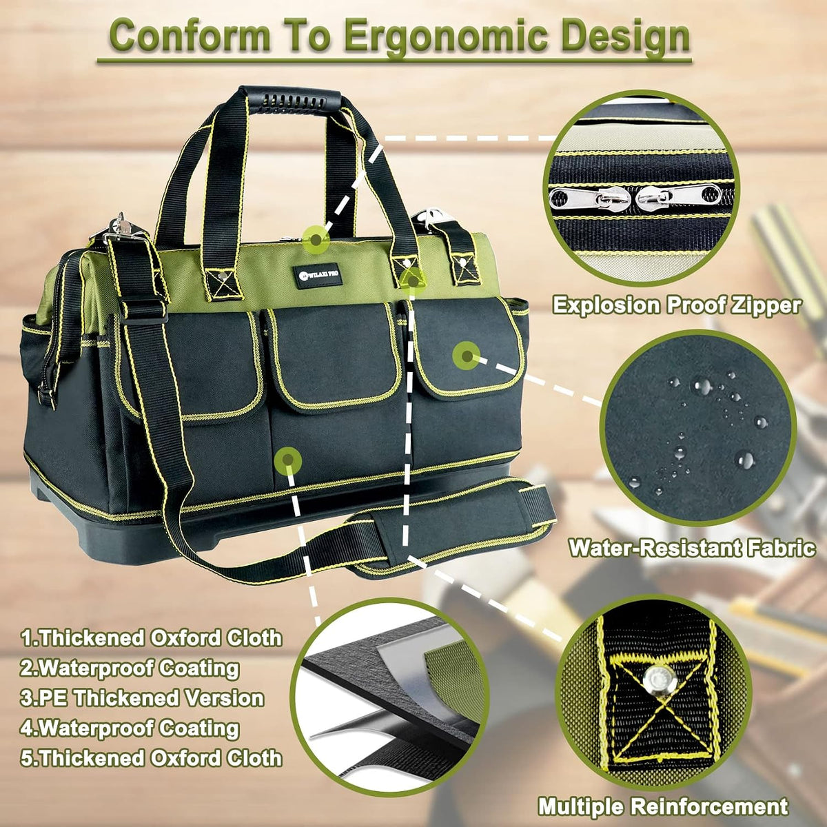 20inch Tool Bag for Men Women Heavy Duty with Waterproof Molded Base Large Tool Bag, Wide Mouth Tool Tote, Artisan Carpenter Electricians Tool Bags,Adjustable Shoulder Strap Organizer