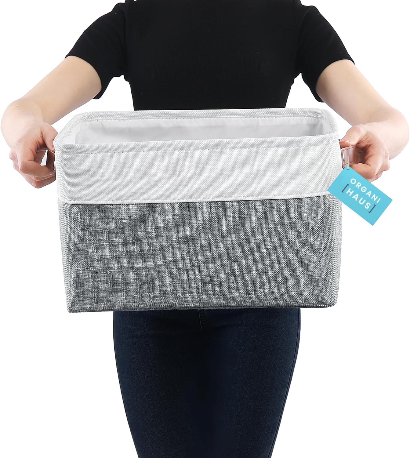OrganiHaus 15x11in Canvas Storage Baskets 3 Pack | LARGE Fabric Bins for Shelves | Closet & Bedroom Storage | Gray/Off-White