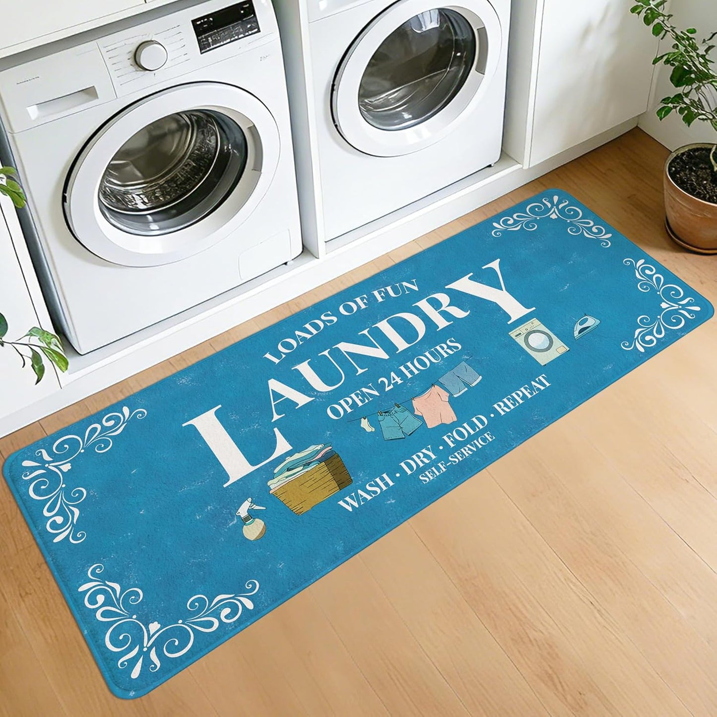 Washable Laundry Room Rug, 20"X47" Non Slip Laundry Mat Runner Soft Low-Pile Laundry Room Organization Farmhouse Decor Area Rug for Entryway Hallway Kitchen Bathroom Blue