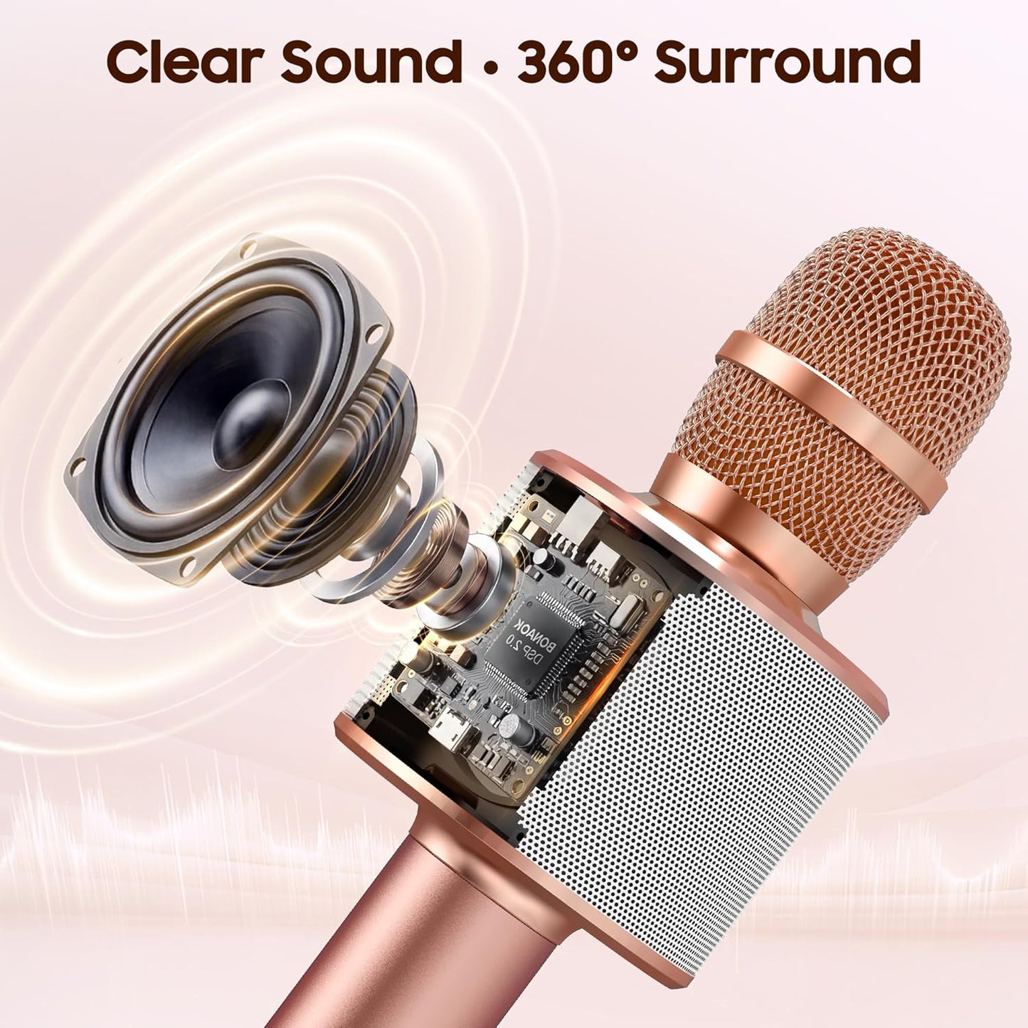 BONAOK Wireless Bluetooth Karaoke Microphone,3-in-1 Portable Handheld Karaoke Mic Speaker Machine Home Party Birthday for All Smartphones PC(Q37 Rose Gold)