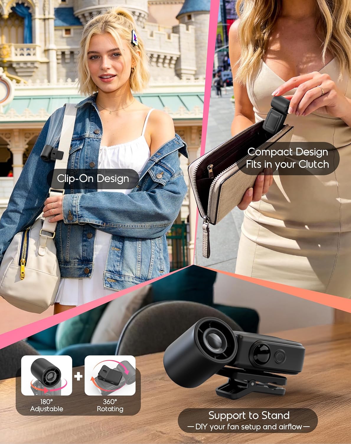 Portable Clip-On Mini Fan, Hands-Free, Turbo Personal Handheld Fans Rechargeable w/ 4 Wind & LED Display, Pocket Size Summer Essentials for Travel/EyeLash/Beach/Concert, Gifts for Women Men(Black)