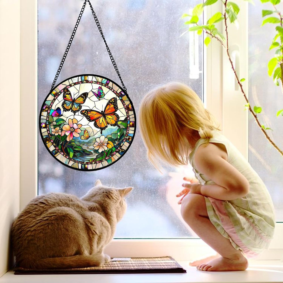 Butterflies and Flowers Stained Glass Window Hanging Suncatcher Gifts 12"