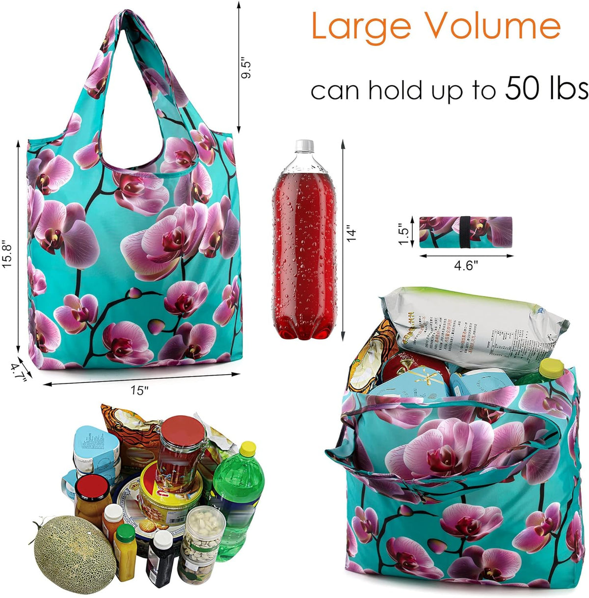 BeeGreen 10 Pack Washable Floral Grocery Bags for Shopping Reusable Tote Bags Extra Large 50LBS Cute Flower Design Foldable Reusable Bags for Women Men Lightweight Durable