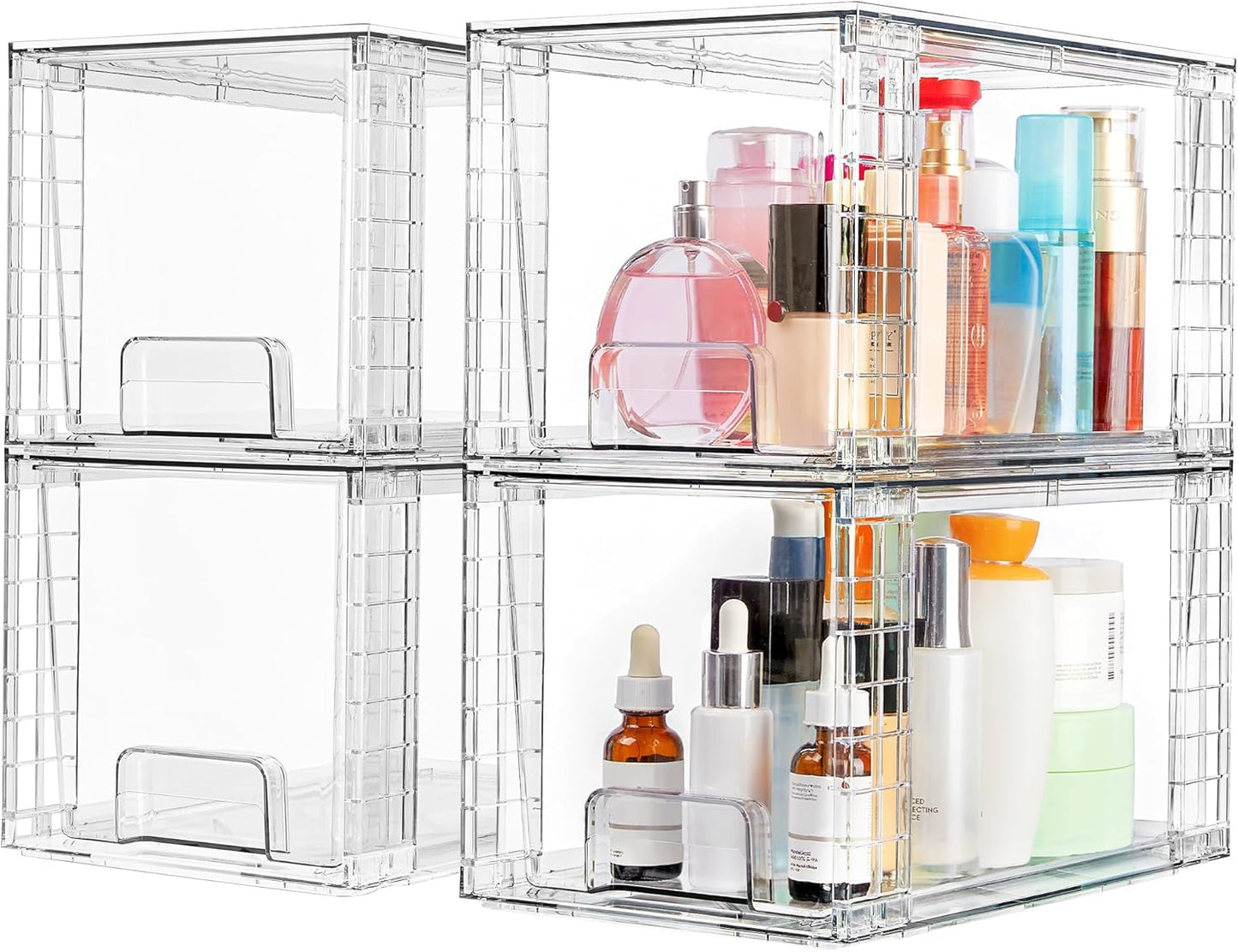 Vtopmart 4 Pack Large Stackable Storage Drawers,Black,Easily Assemble Acrylic Bathroom Closet Undersink Organizers and Storage,Plastic Bins for Kitchen Cabinets,Pantry,Makeup,Medicine Organization