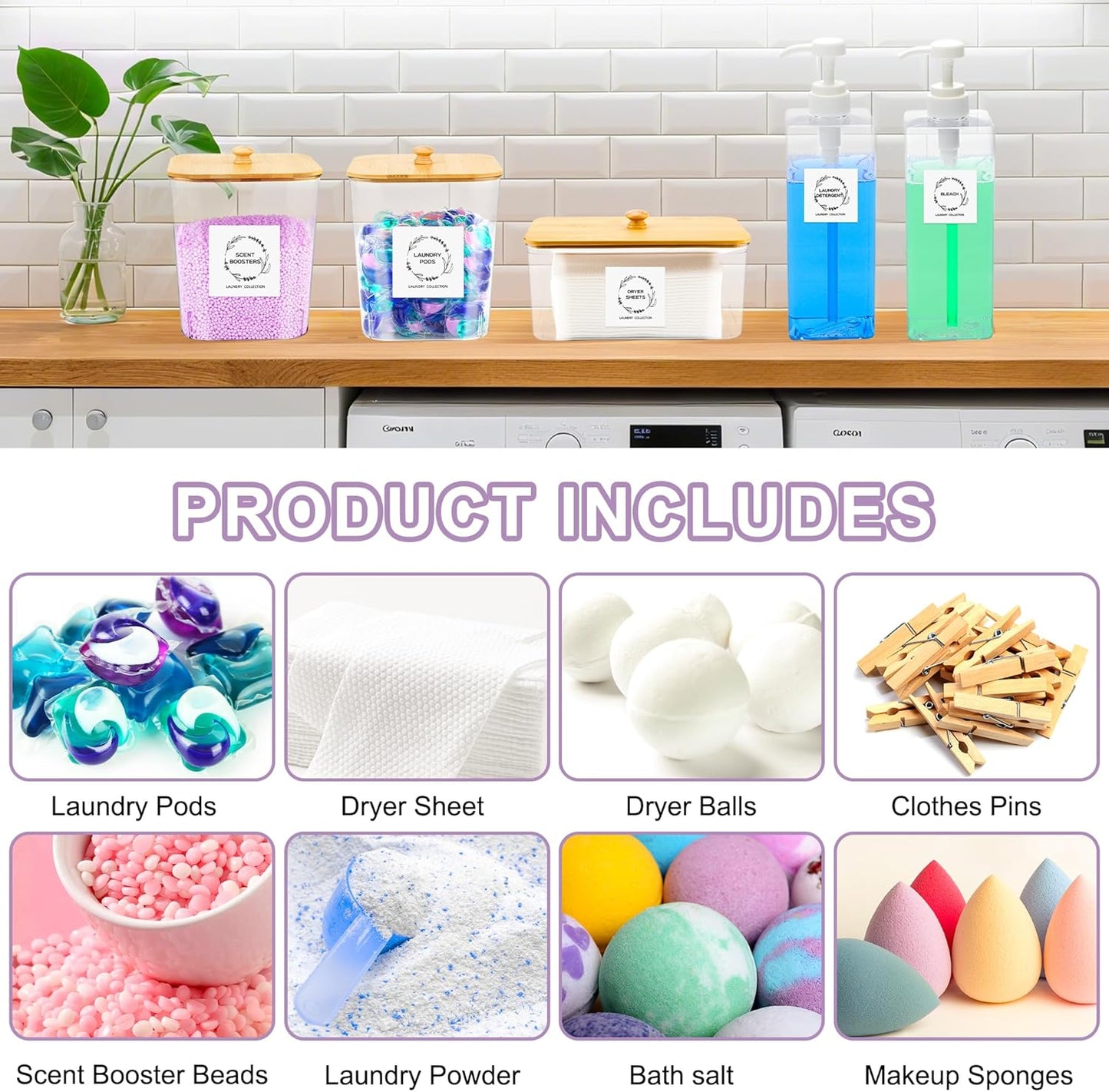 FEXIA 3+2 Pack Laundry Pods Containers and Dryer Sheet Holder with Laundry Detergent Dispenser Laundry Room Organization Storage Containers with Lids and Labels for Scent Booster,Powder,Pods