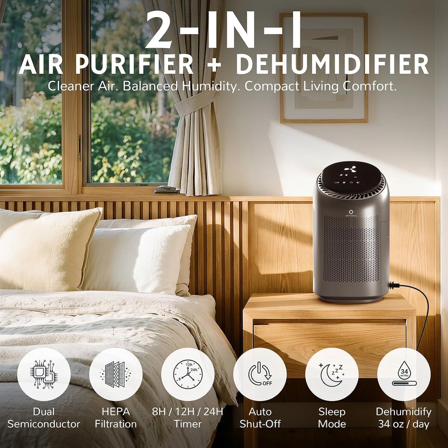 Airthereal Zephyr AZH200 Air Purifier and Dehumidifier Combo, 34 oz Small Dehumidifier with HEPA Filter, Up to 270 Sq Ft, Auto Shutoff, Ultra-Quiet for Bedroom, Bathroom, RV, Closet