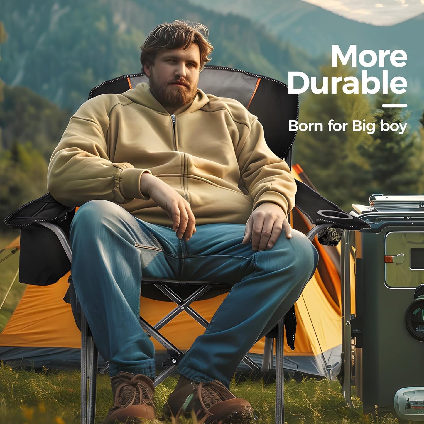 ALPHA CAMP Heavy Duty Camping Chair 500LBS Capacity, Oversized Folding Chair for Heavy People, Padded Portable Outdoor Chair with Cooler Bag & Cup Holder for Camping, Fishing, Beach