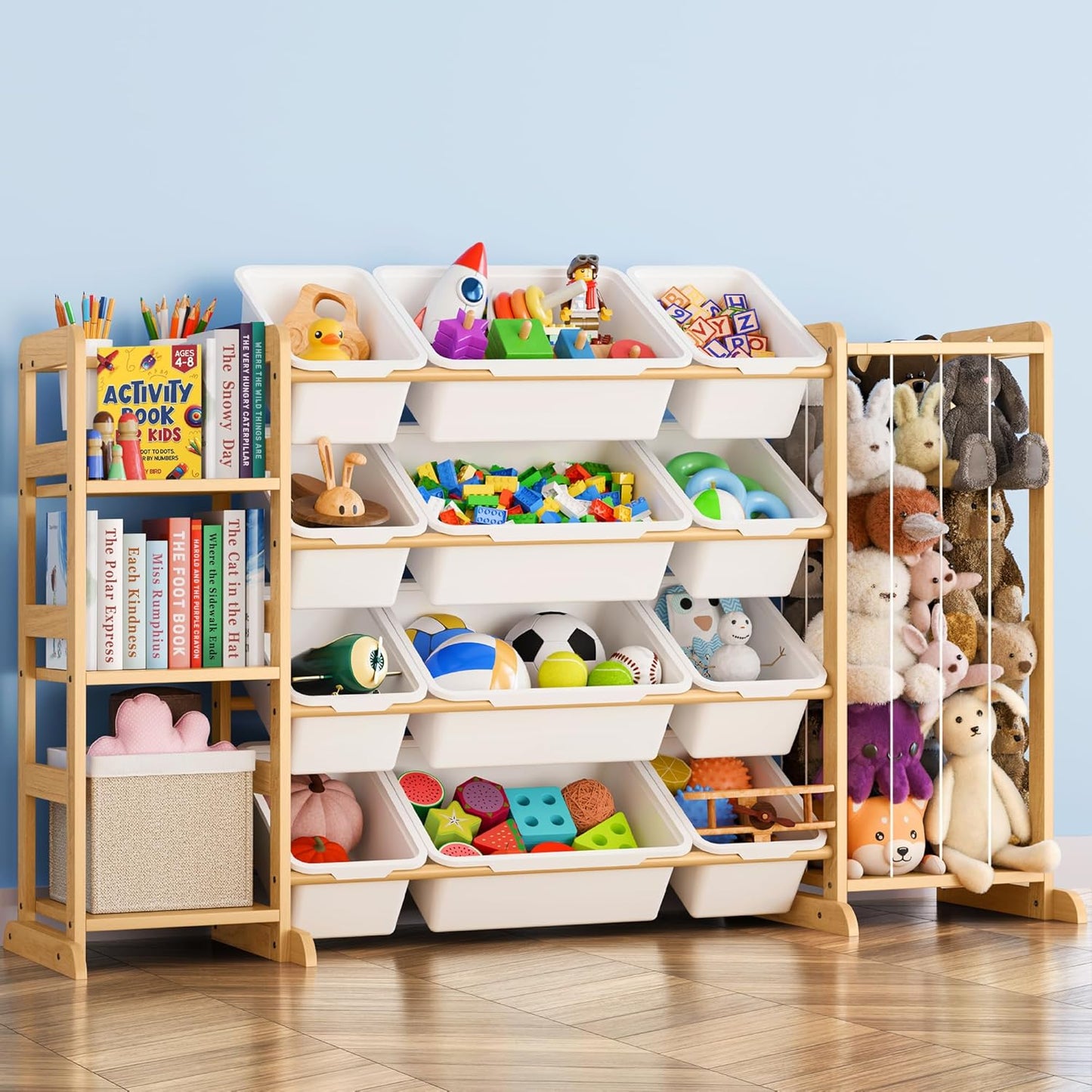 Toy Storage Organizer with Bookshelf and Stuffed Animal Storage - Kids Playroom Organization with Shelves and 12 Toy Bins - Toddler Living Room Toy Box for Lego - Nursery Bedroom Decor Essential